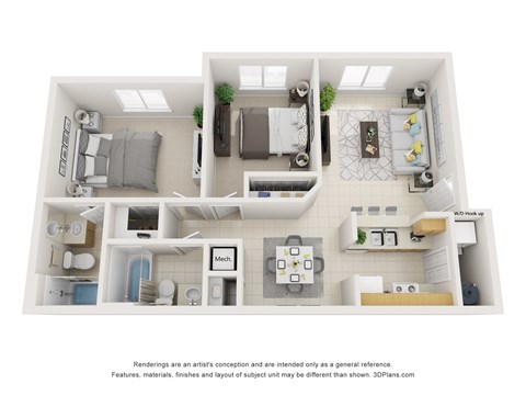Floor plan for 2 beds, 2 baths, 870 sqft